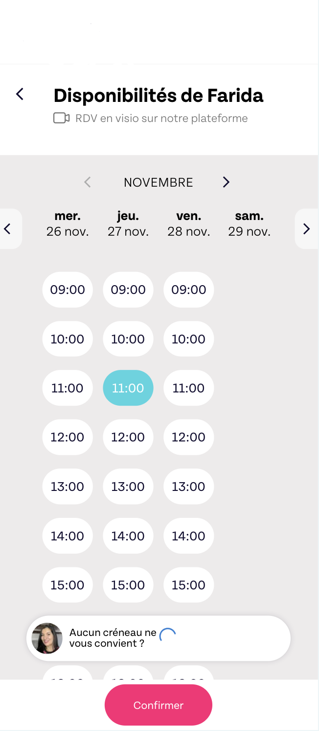 Agenda en ligne Wooskill affichant les créneaux de rendez-vous disponibles à la réservation