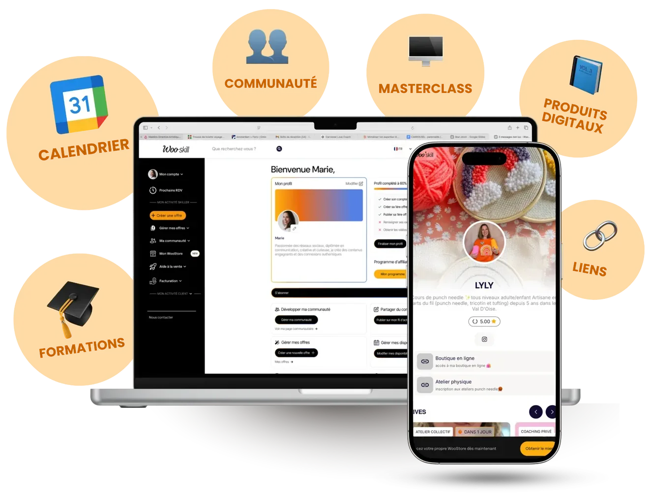 Woo Store dashboard avec calendrier, masterclass, produits digitaux, formations et liens